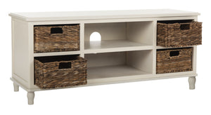 Safavieh Rooney Entertainment Unit: Timeless Media Stand With Rattan Baskets For Coastal-Inspired Living Spaces Vintage White AMH5745B