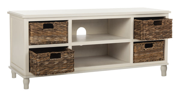 Safavieh Rooney Entertainment Unit: Timeless Media Stand With Rattan Baskets For Coastal-Inspired Living Spaces Vintage White AMH5745B