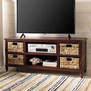 Safavieh Rooney Entertainment Unit: Timeless Media Stand With Rattan Baskets For Coastal-Inspired Living Spaces Cherry AMH5745C