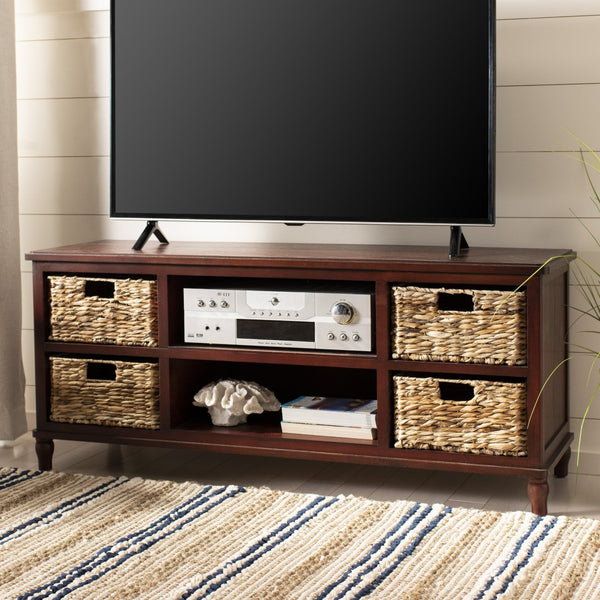 Safavieh Rooney Entertainment Unit: Timeless Media Stand With Rattan Baskets For Coastal-Inspired Living Spaces Cherry AMH5745C