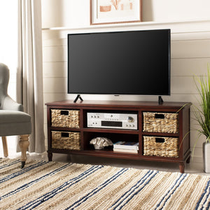 Safavieh Rooney Entertainment Unit: Timeless Media Stand With Rattan Baskets For Coastal-Inspired Living Spaces Cherry AMH5745C