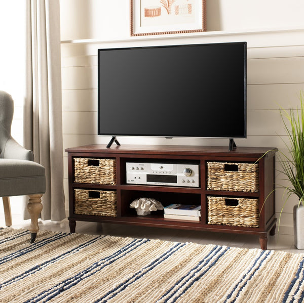 Safavieh Rooney Entertainment Unit: Timeless Media Stand With Rattan Baskets For Coastal-Inspired Living Spaces Cherry AMH5745C
