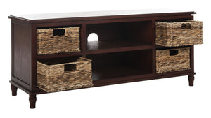 Safavieh Rooney Entertainment Unit: Timeless Media Stand With Rattan Baskets For Coastal-Inspired Living Spaces Cherry AMH5745C