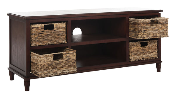 Safavieh Rooney Entertainment Unit: Timeless Media Stand With Rattan Baskets For Coastal-Inspired Living Spaces Cherry AMH5745C