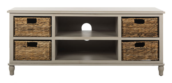 Safavieh Rooney Entertainment Unit: Timeless Media Stand With Rattan Baskets For Coastal-Inspired Living Spaces Vintage Grey AMH5745D
