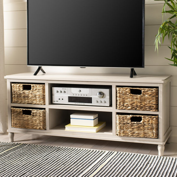 Safavieh Rooney Entertainment Unit: Timeless Media Stand With Rattan Baskets For Coastal-Inspired Living Spaces Vintage Grey AMH5745D