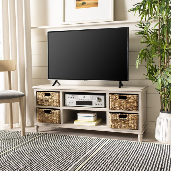 Safavieh Rooney Entertainment Unit: Timeless Media Stand With Rattan Baskets For Coastal-Inspired Living Spaces Vintage Grey AMH5745D