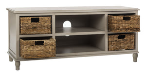 Safavieh Rooney Entertainment Unit: Timeless Media Stand With Rattan Baskets For Coastal-Inspired Living Spaces Vintage Grey AMH5745D