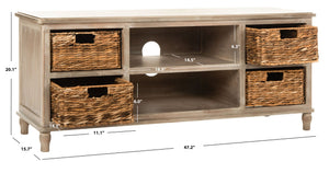Safavieh Rooney Entertainment Unit: Timeless Media Stand With Rattan Baskets For Coastal-Inspired Living Spaces White Wash AMH5745E