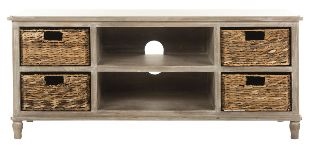 Safavieh Rooney Entertainment Unit: Timeless Media Stand With Rattan Baskets For Coastal-Inspired Living Spaces White Wash AMH5745E