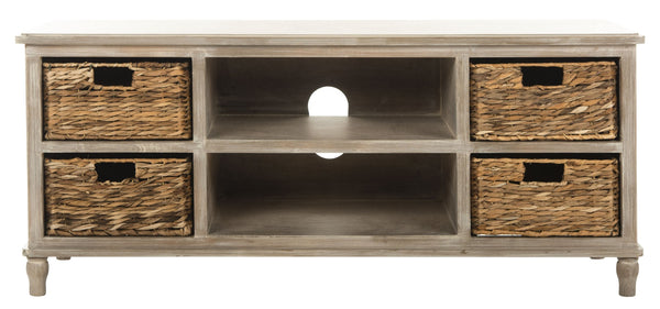 Safavieh Rooney Entertainment Unit: Timeless Media Stand With Rattan Baskets For Coastal-Inspired Living Spaces White Wash AMH5745E