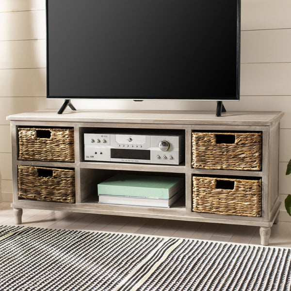 Safavieh Rooney Entertainment Unit: Timeless Media Stand With Rattan Baskets For Coastal-Inspired Living Spaces White Wash AMH5745E