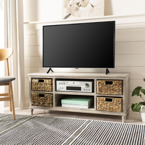 Safavieh Rooney Entertainment Unit: Timeless Media Stand With Rattan Baskets For Coastal-Inspired Living Spaces White Wash AMH5745E