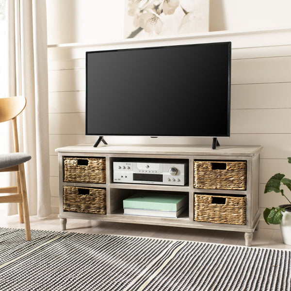 Safavieh Rooney Entertainment Unit: Timeless Media Stand With Rattan Baskets For Coastal-Inspired Living Spaces White Wash AMH5745E