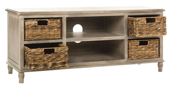 Safavieh Rooney Entertainment Unit: Timeless Media Stand With Rattan Baskets For Coastal-Inspired Living Spaces White Wash AMH5745E