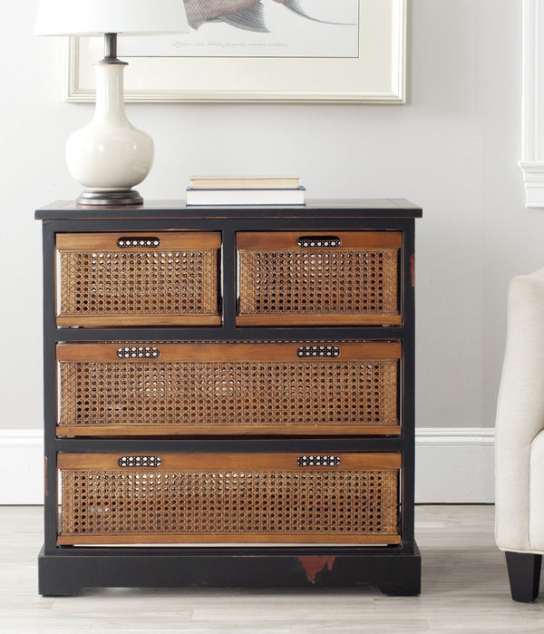 Safavieh Jackson 4-Drawer Storage Unit - Stylish British Colonial Design For Organized Living Spaces And Charm Antique Black/Cane Drawers AMH6504B
