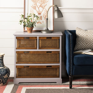 Safavieh Jackson 4-Drawer Storage Unit - Stylish British Colonial Design For Organized Living Spaces And Charm Quartz Grey/Cane Drawers AMH6504C