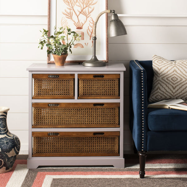 Safavieh Jackson 4-Drawer Storage Unit - Stylish British Colonial Design For Organized Living Spaces And Charm Quartz Grey/Cane Drawers AMH6504C