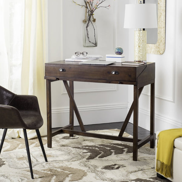 Safavieh Wyatt Writing Desk With Pull-Out Surface And Hidden Storage For Stylish Home Office Organization Dark Teak AMH6509A