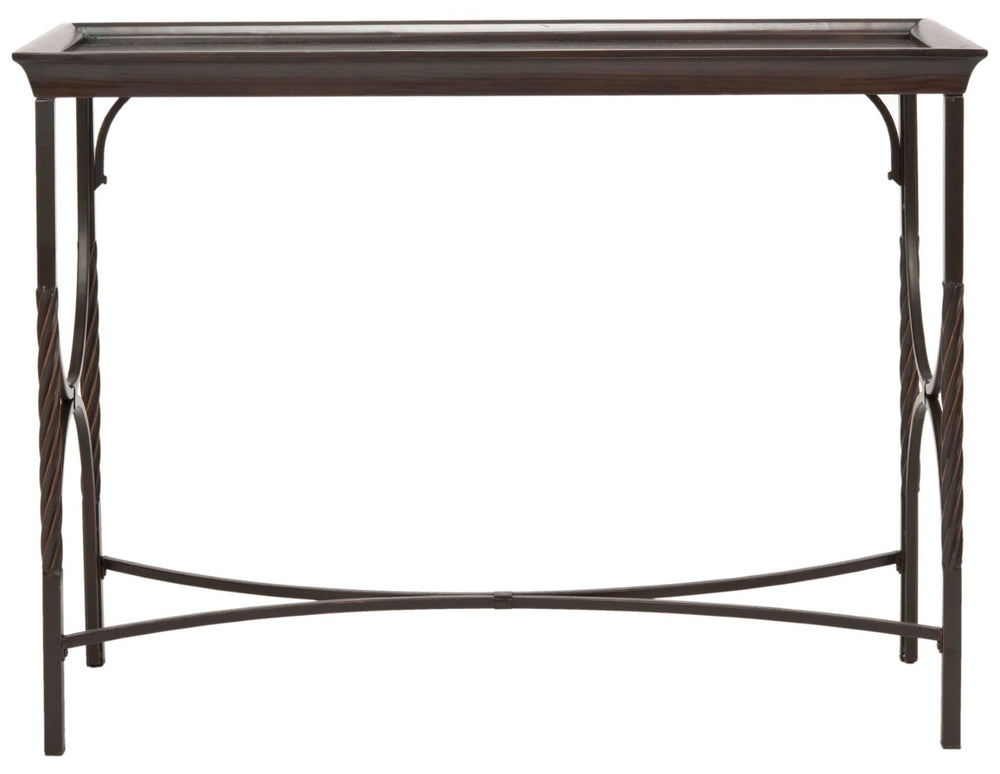 Safavieh Thomas Console Table: Elegant Dark Walnut Entryway Design With Bowed Metal Supports & Compact Style AMH6518A