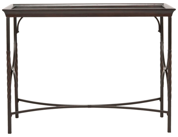 Safavieh Thomas Console Table: Elegant Dark Walnut Entryway Design With Bowed Metal Supports & Compact Style AMH6518A