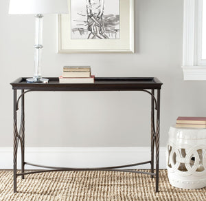 Safavieh Thomas Console Table: Elegant Dark Walnut Entryway Design With Bowed Metal Supports & Compact Style AMH6518A