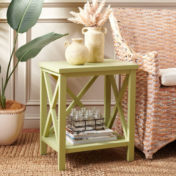 Safavieh Candence Cross Back End Table – Timeless Accent Table With Lower Shelf & Charming X-Side Design Avocado Green AMH6523H
