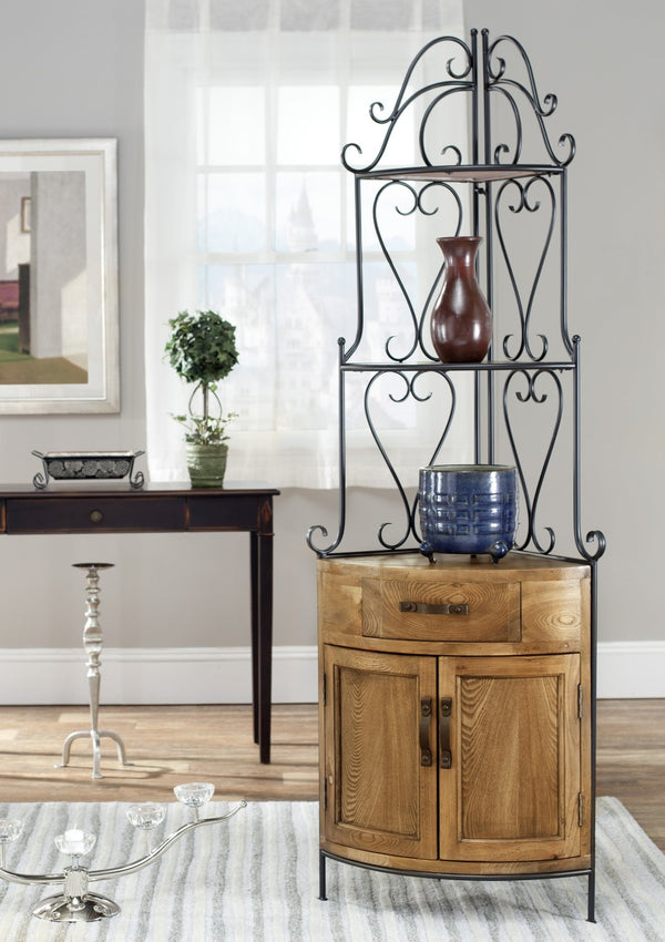 Safavieh Ava Corner Baker’S Rack - Rustic Elm Wood & Black Iron Frame For Stylish Kitchen Storage Solutions AMH6527A