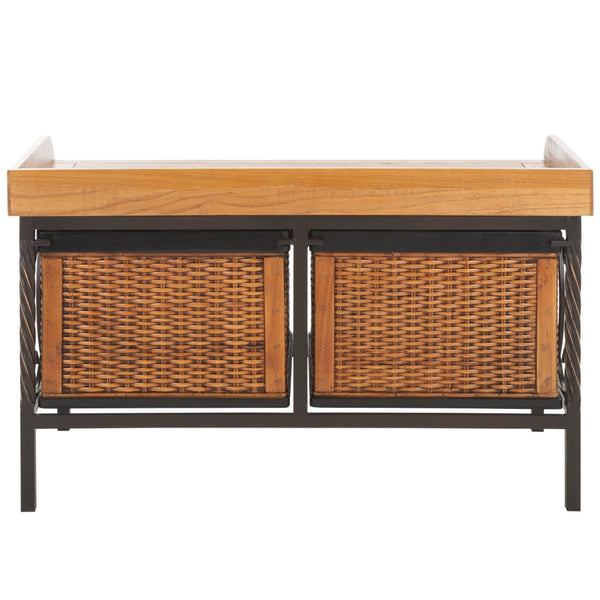 Safavieh Noah Stylish Wooden Storage Bench With 2 Woven Baskets For Entryway, Mudroom, Or Living Room Use Antique Pewter/Oak AMH6528A