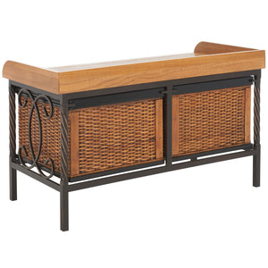 Safavieh Noah Stylish Wooden Storage Bench With 2 Woven Baskets For Entryway, Mudroom, Or Living Room Use Antique Pewter/Oak AMH6528A