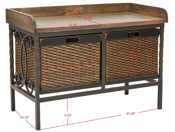 Safavieh Noah Stylish Wooden Storage Bench With 2 Woven Baskets For Entryway, Mudroom, Or Living Room Use Antique Pewter/Oak AMH6528A