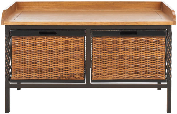 Safavieh Noah Stylish Wooden Storage Bench With 2 Woven Baskets For Entryway, Mudroom, Or Living Room Use Antique Pewter/Oak AMH6528A