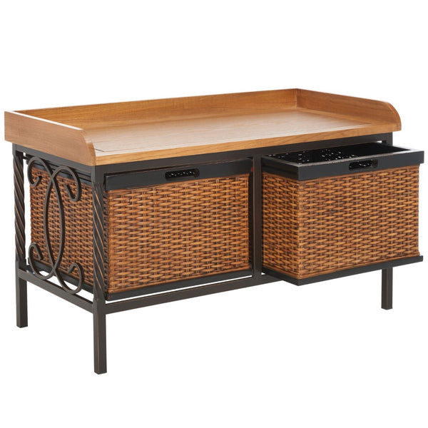 Safavieh Noah Stylish Wooden Storage Bench With 2 Woven Baskets For Entryway, Mudroom, Or Living Room Use Antique Pewter/Oak AMH6528A