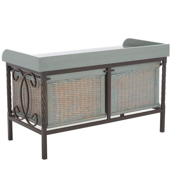 Safavieh Noah Stylish Wooden Storage Bench With 2 Woven Baskets For Entryway, Mudroom, Or Living Room Use Antique Pewter/French Grey AMH6528B