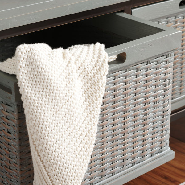 Safavieh Noah Stylish Wooden Storage Bench With 2 Woven Baskets For Entryway, Mudroom, Or Living Room Use Antique Pewter/French Grey AMH6528B
