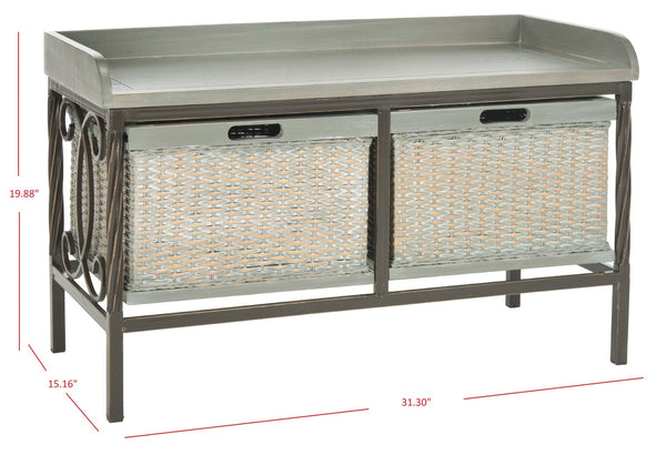 Safavieh Noah Stylish Wooden Storage Bench With 2 Woven Baskets For Entryway, Mudroom, Or Living Room Use Antique Pewter/French Grey AMH6528B