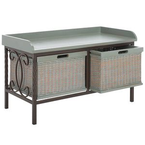 Safavieh Noah Stylish Wooden Storage Bench With 2 Woven Baskets For Entryway, Mudroom, Or Living Room Use Antique Pewter/French Grey AMH6528B