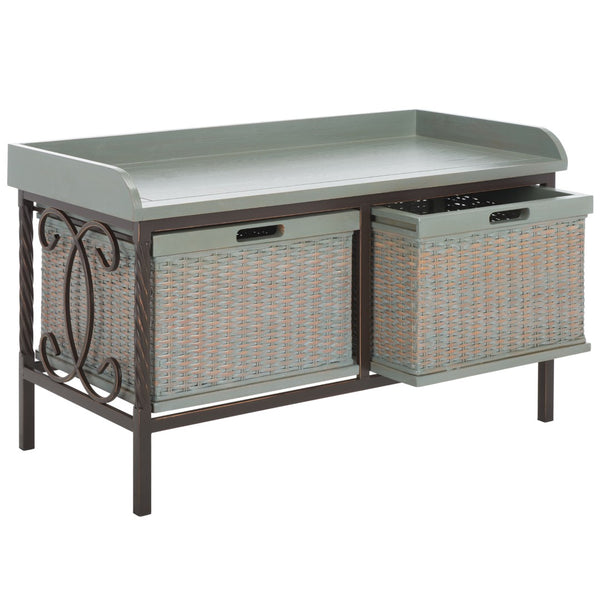 Safavieh Noah Stylish Wooden Storage Bench With 2 Woven Baskets For Entryway, Mudroom, Or Living Room Use Antique Pewter/French Grey AMH6528B
