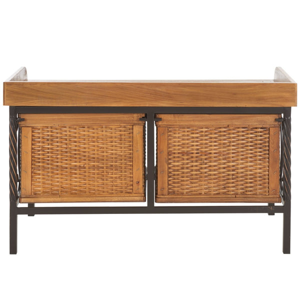 Safavieh Noah Stylish Wooden Storage Bench With 2 Woven Baskets For Entryway, Mudroom, Or Living Room Use Antique Pewter/Medium Oak AMH6528C
