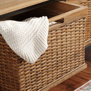 Safavieh Noah Stylish Wooden Storage Bench With 2 Woven Baskets For Entryway, Mudroom, Or Living Room Use Antique Pewter/Medium Oak AMH6528C
