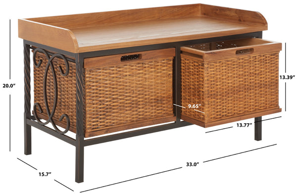 Safavieh Noah Stylish Wooden Storage Bench With 2 Woven Baskets For Entryway, Mudroom, Or Living Room Use Antique Pewter/Medium Oak AMH6528C