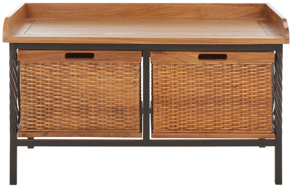 Safavieh Noah Stylish Wooden Storage Bench With 2 Woven Baskets For Entryway, Mudroom, Or Living Room Use Antique Pewter/Medium Oak AMH6528C
