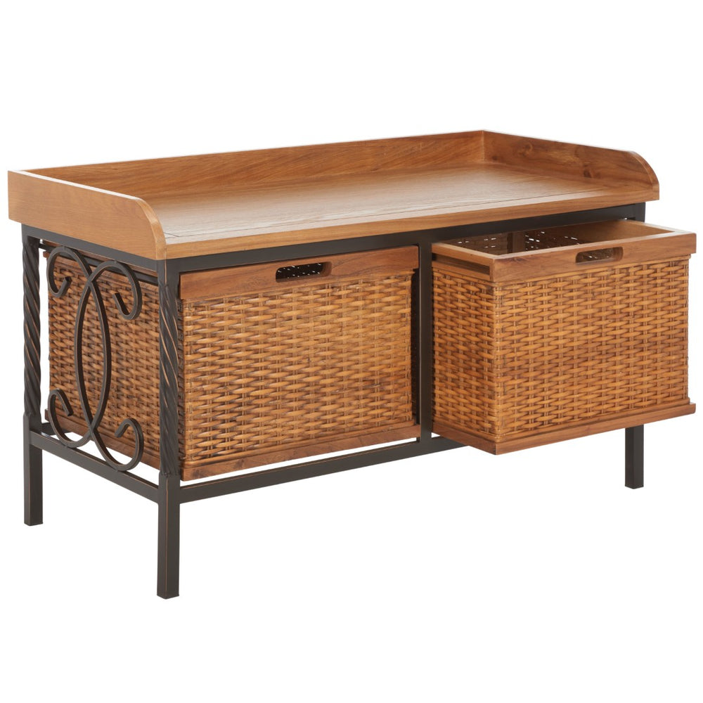 Safavieh Noah Stylish Wooden Storage Bench With 2 Woven Baskets For Entryway, Mudroom, Or Living Room Use Antique Pewter/Medium Oak AMH6528C
