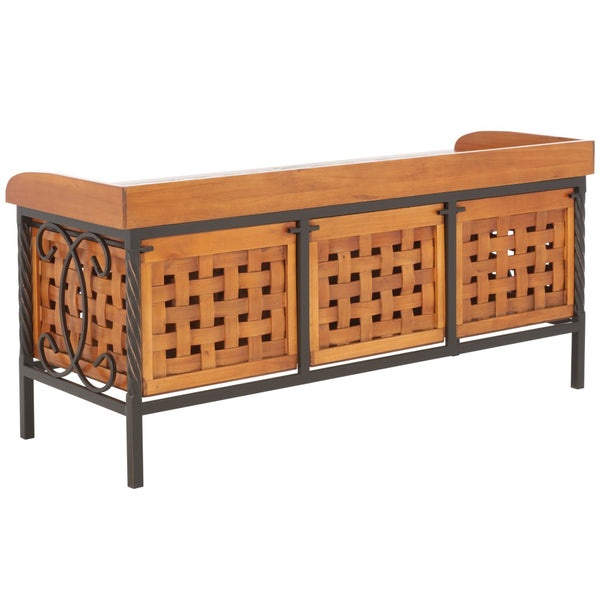 Safavieh Isaac Rustic Wooden Storage Bench With Iron Frame For Entryway Organization And Style Honey Oak AMH6530A