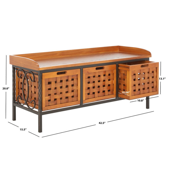 Safavieh Isaac Rustic Wooden Storage Bench With Iron Frame For Entryway Organization And Style Honey Oak AMH6530A