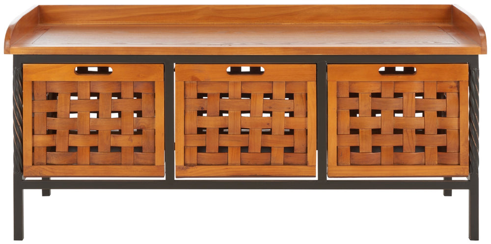 Safavieh Isaac Rustic Wooden Storage Bench With Iron Frame For Entryway Organization And Style Honey Oak AMH6530A