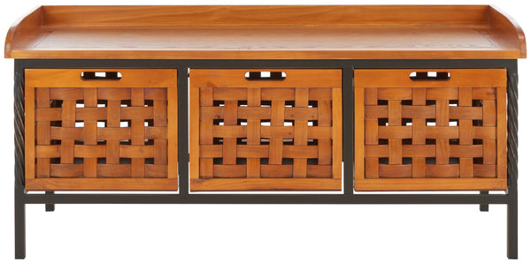 Safavieh Isaac Rustic Wooden Storage Bench With Iron Frame For Entryway Organization And Style Honey Oak AMH6530A