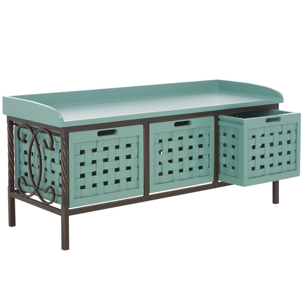 Safavieh Isaac Rustic Wooden Storage Bench With Iron Frame For Entryway Organization And Style Dusty Green AMH6530B
