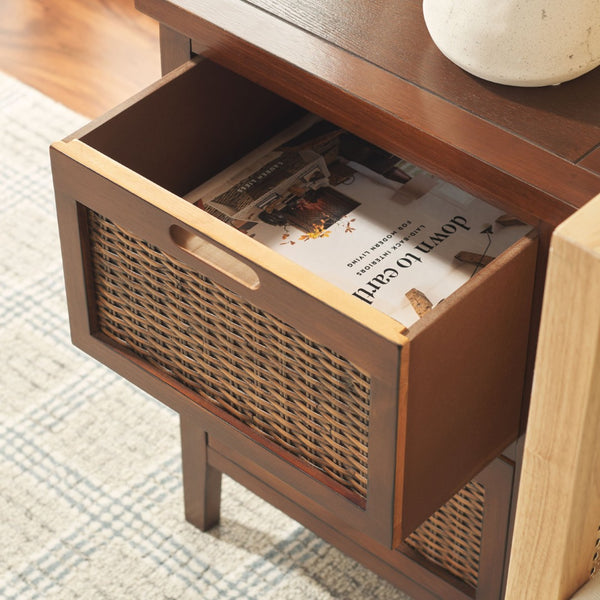 Safavieh Jonah Two-Drawer End Table: Elegant British Colonial Accent With Woven Panels & Compact Design Walnut AMH6531A