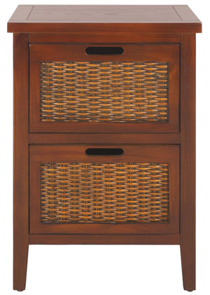Safavieh Jonah Two-Drawer End Table: Elegant British Colonial Accent With Woven Panels & Compact Design Walnut AMH6531A